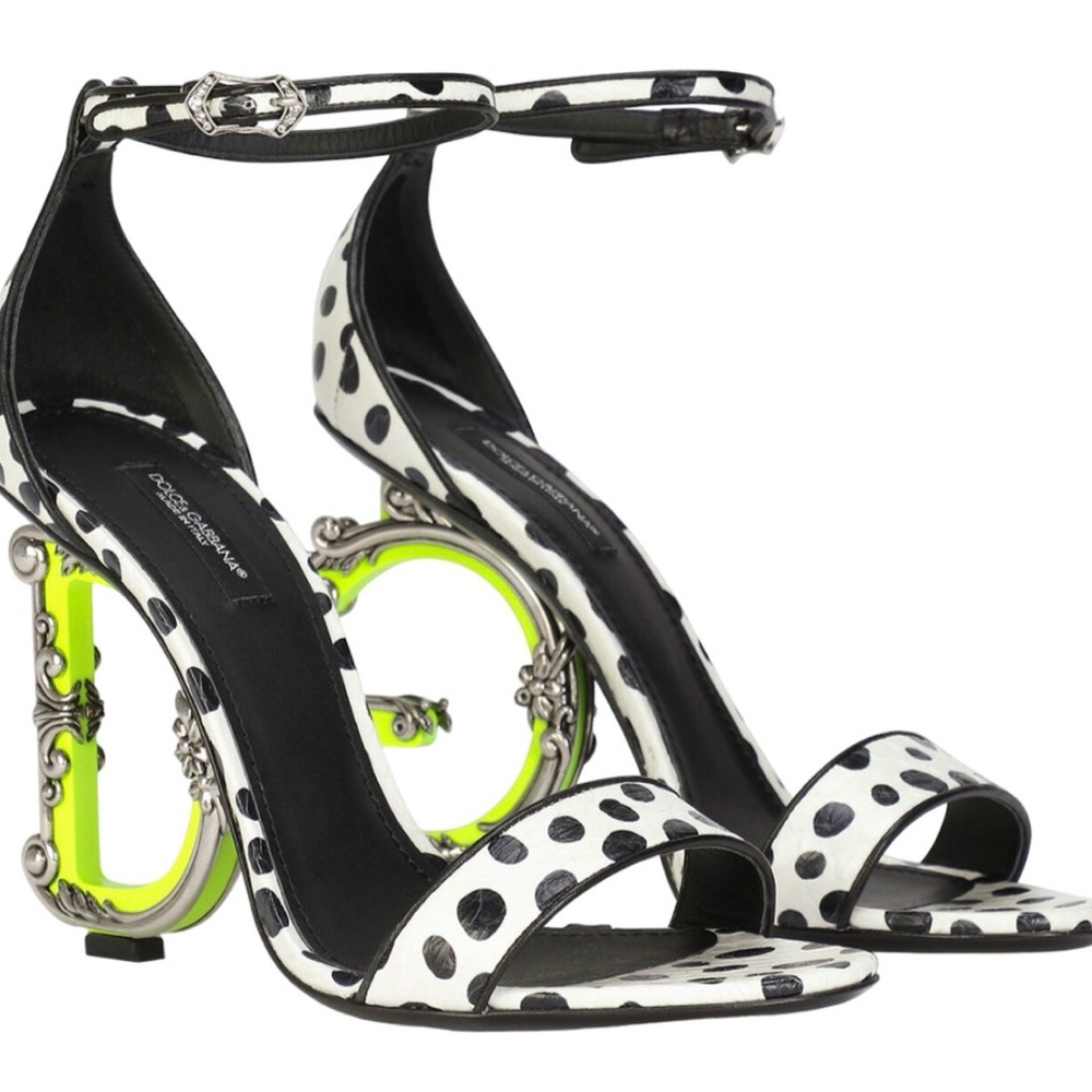 Dolce & Gabbana Black and White Polka Dot Heels with Neon Green Accents
